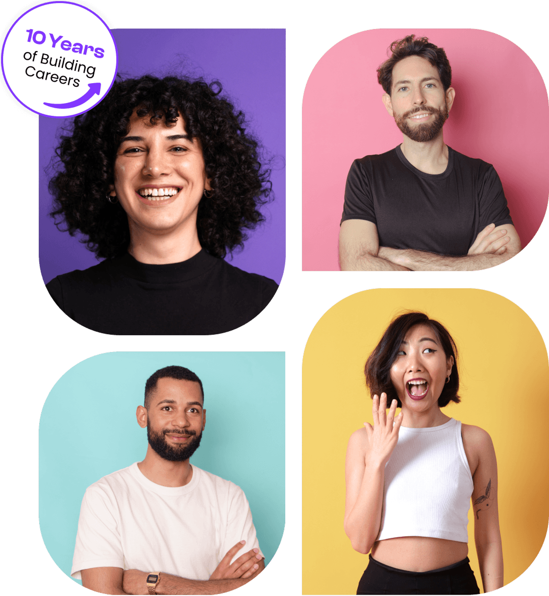Portraits of four diverse people against colorful backgrounds with HZA logo.
