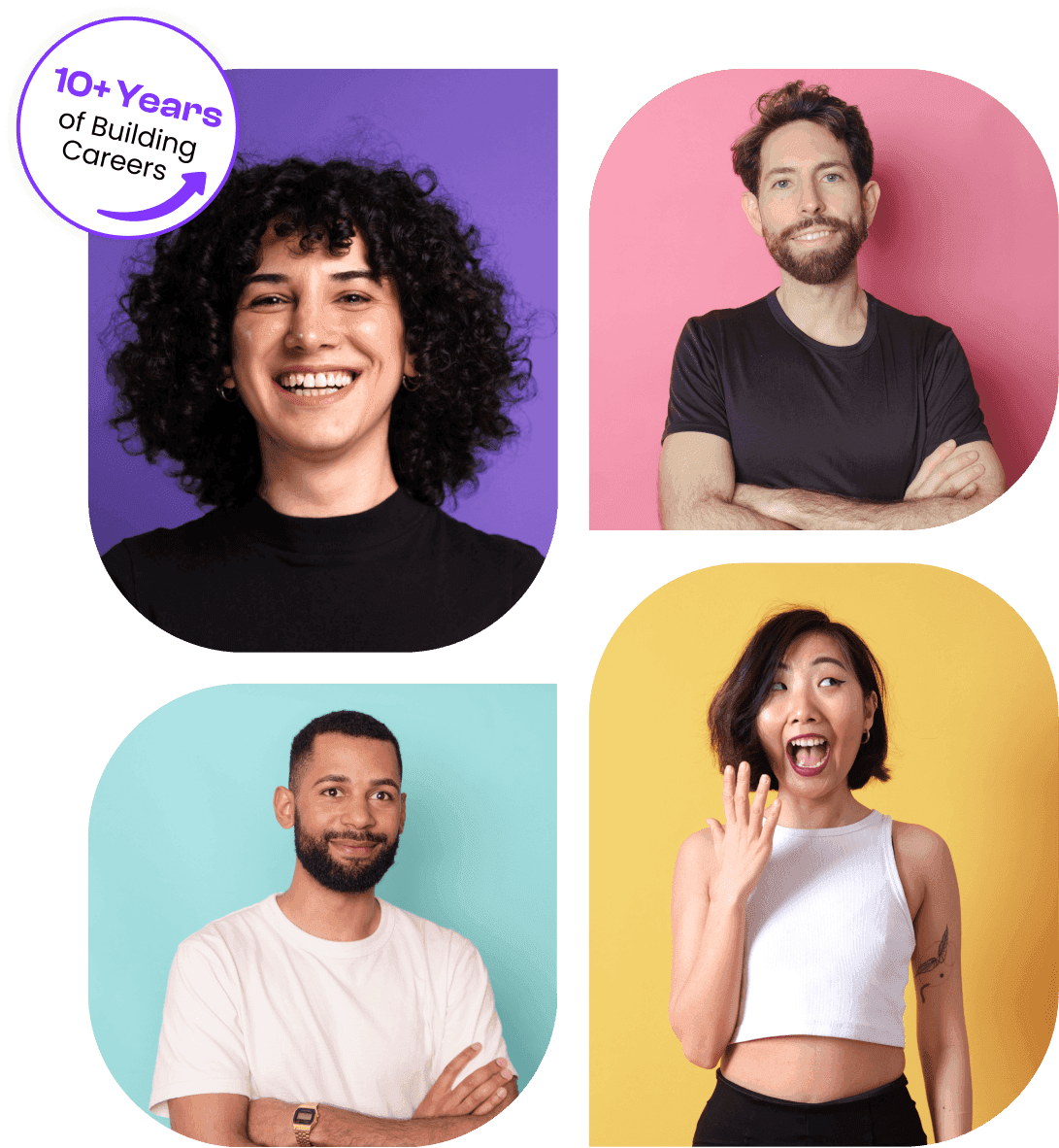 Portraits of four diverse people against colorful backgrounds with HZA logo.