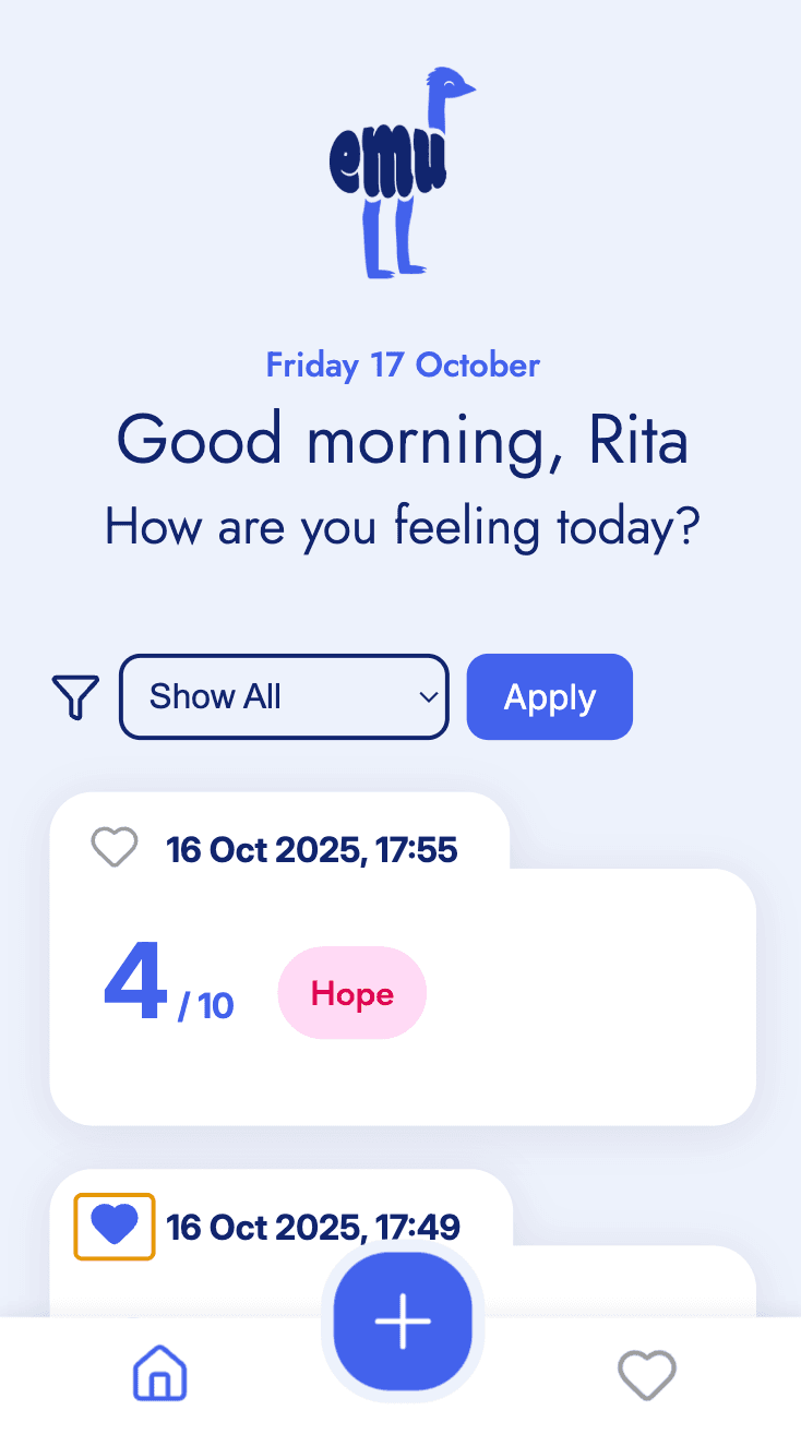 Mood tracking app interface showing date, time, and mood scores.