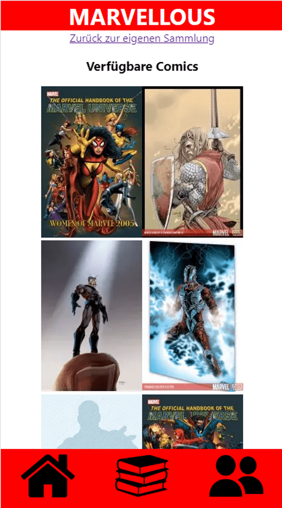 Website displaying available Marvel Comics covers and navigation icons.