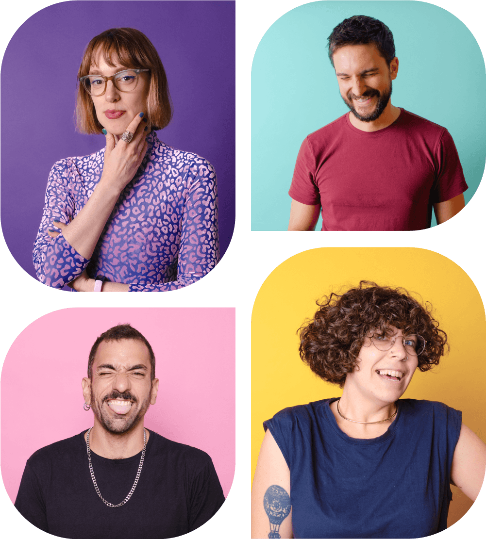 Four portraits of people with different facial expressions against colorful backgrounds.