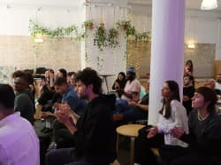 Banner for a university open house event with portraits of people.